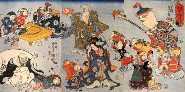 dioses/https://commons.wikimedia.org/wiki/File:Kuniyoshi_Utagawa,_The_seven_goods_of_good_fortune.jpg